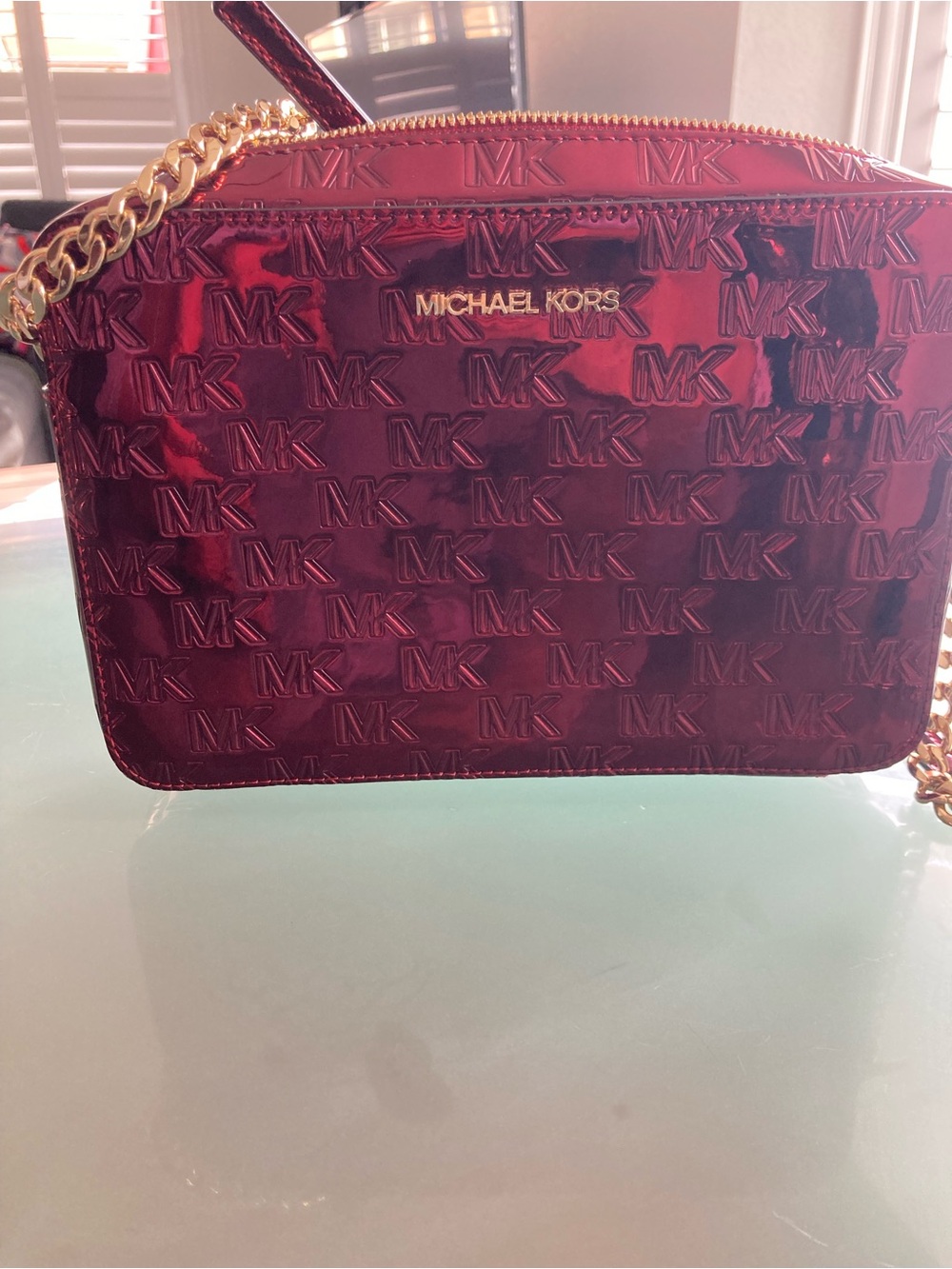 Michael Kors Red Patent Embossed MK Crossbody with Gold Chain